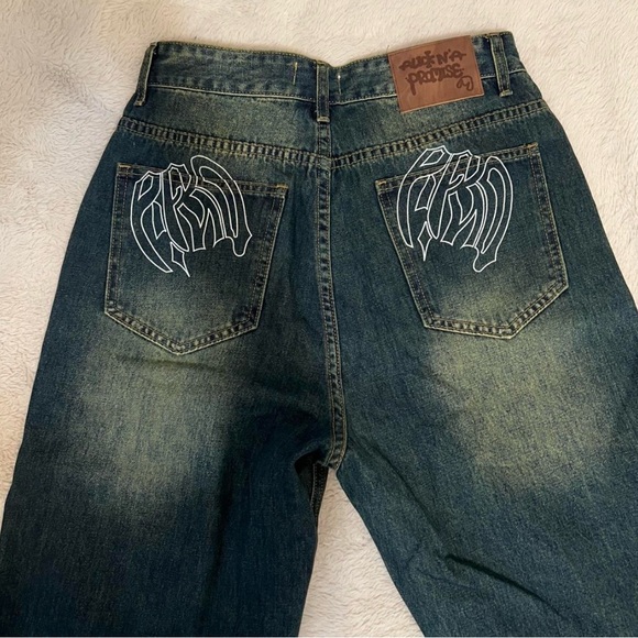 RFNO Dark Wash Mens/Womens Baggy Jeans with Back Pocket Graphic